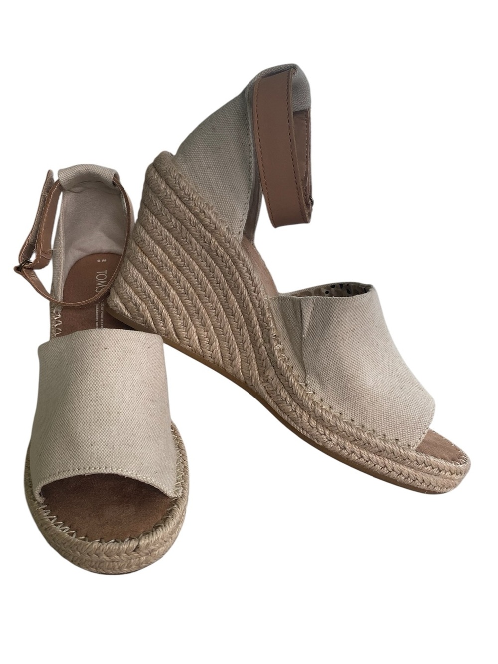 NWOT Toms Canvas Espadrille Wedge Sandals Beige Jute Cord Heels Sz. 9 “Monica”